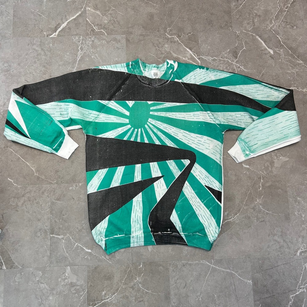 90s Vintage Japan Rising Sun Sweatshirt Men XL AOP All Over Print Crewneck Green
